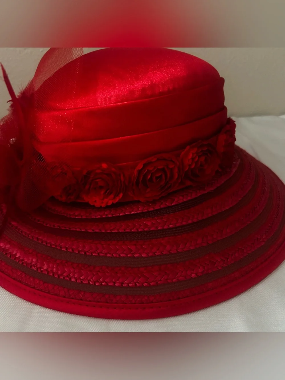Elegant Red Women's Dress Hat with Floral Trim
